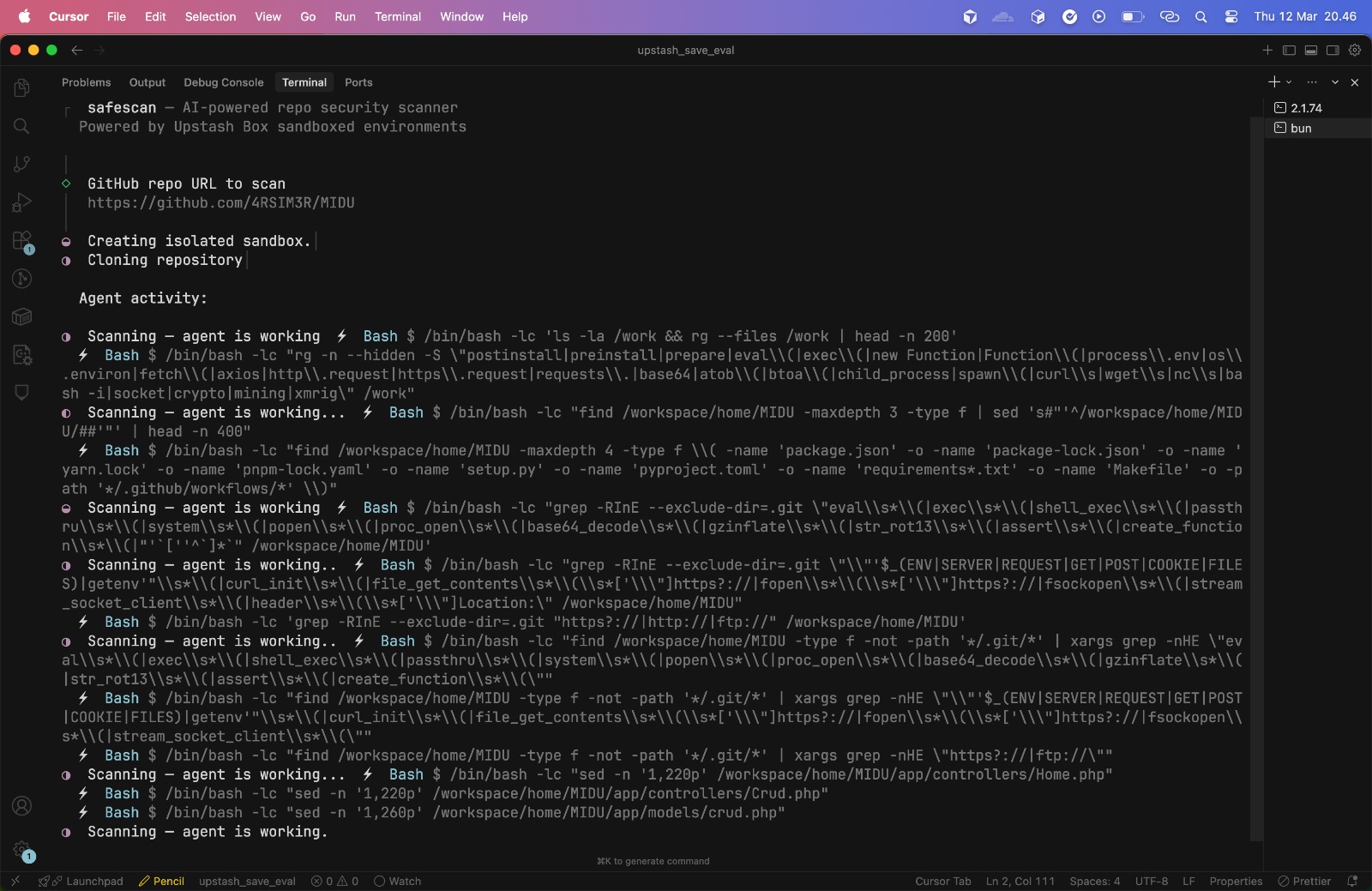 safescan terminal output showing the AI agent scanning a repository in real-time, with tool calls for reading files, running bash commands, and grepping for patterns